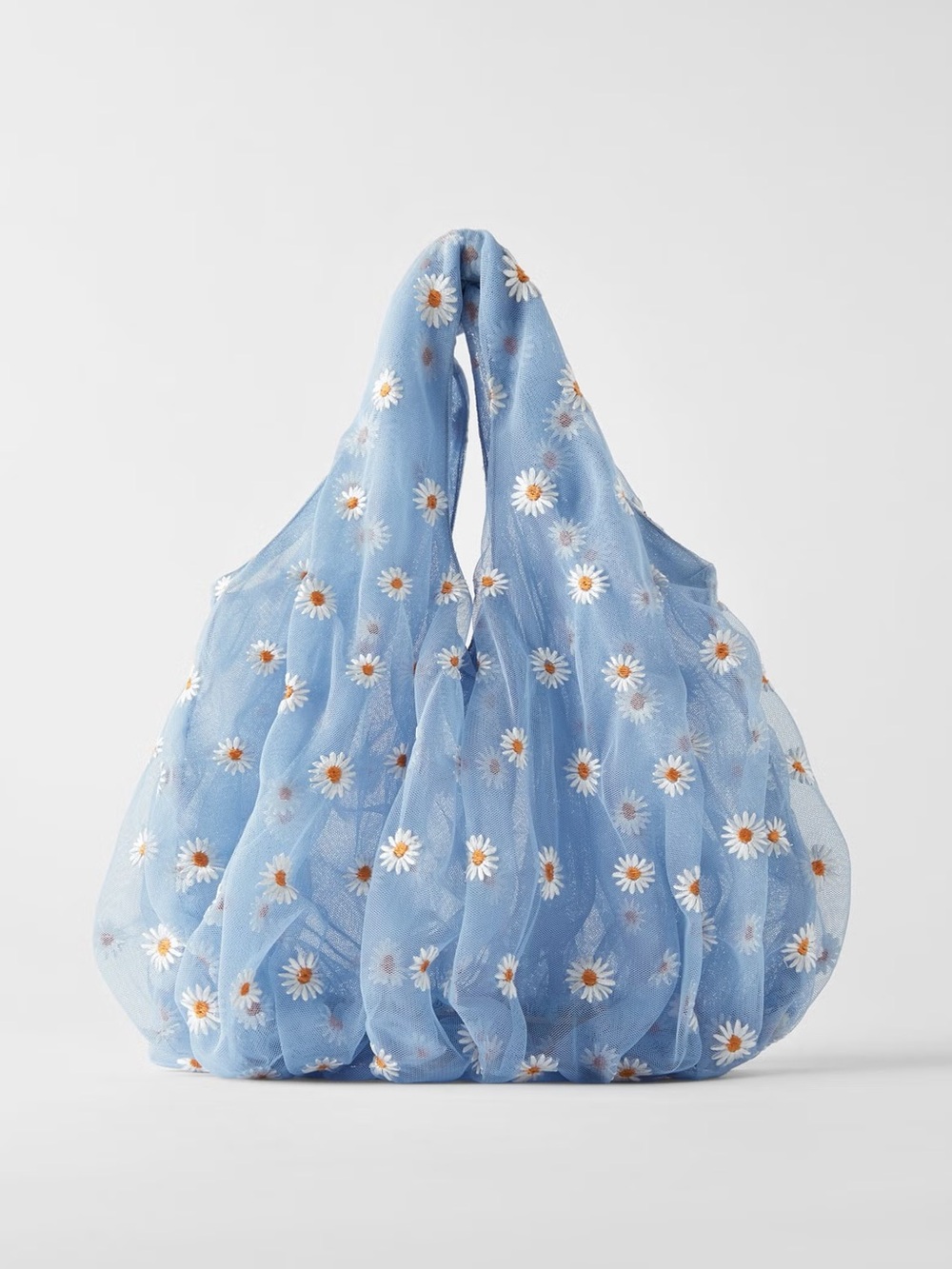 Zara Blue Mesh Daisy Embroidered Tote Mini Bag Floral Slouchy Hobo Handbag